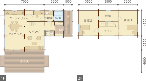 家族全員で使えるオープンな間取りの片流れ屋根のログハウス ログハウスのtalo
